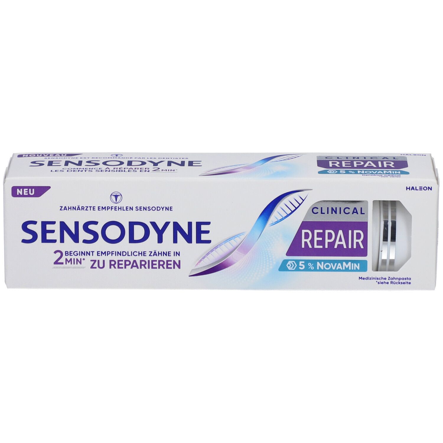Zahnpasta-Verpackung Sensodyne Clinical REPAIR. Text: 2 Min. zu reparieren, 5% NovaMin. Weiße Tube sichtbar.