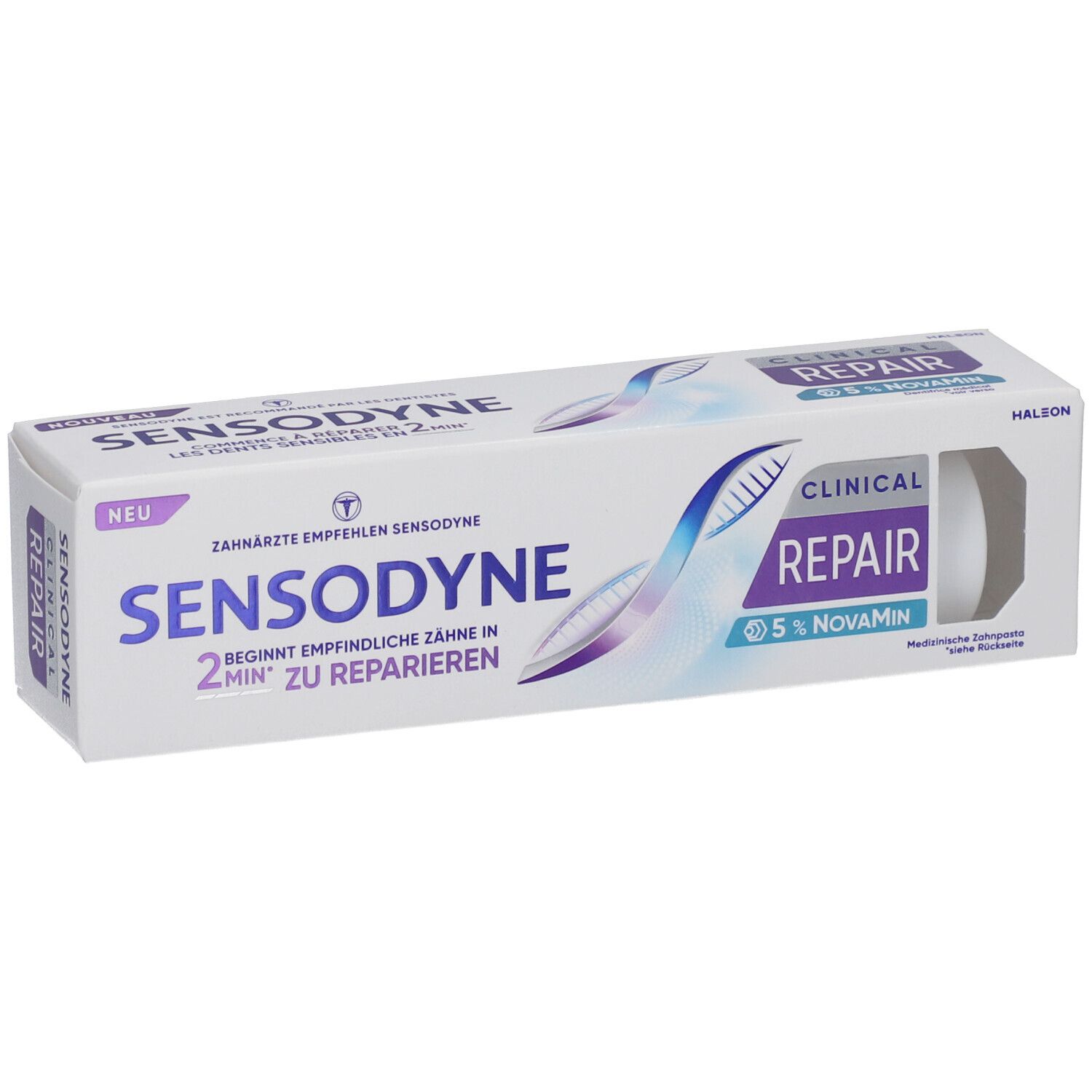 Zahnpasta-Verpackung Sensodyne Clinical REPAIR. Text: 2 Min. zu reparieren, 5% NovaMin. Weiße Tube sichtbar.