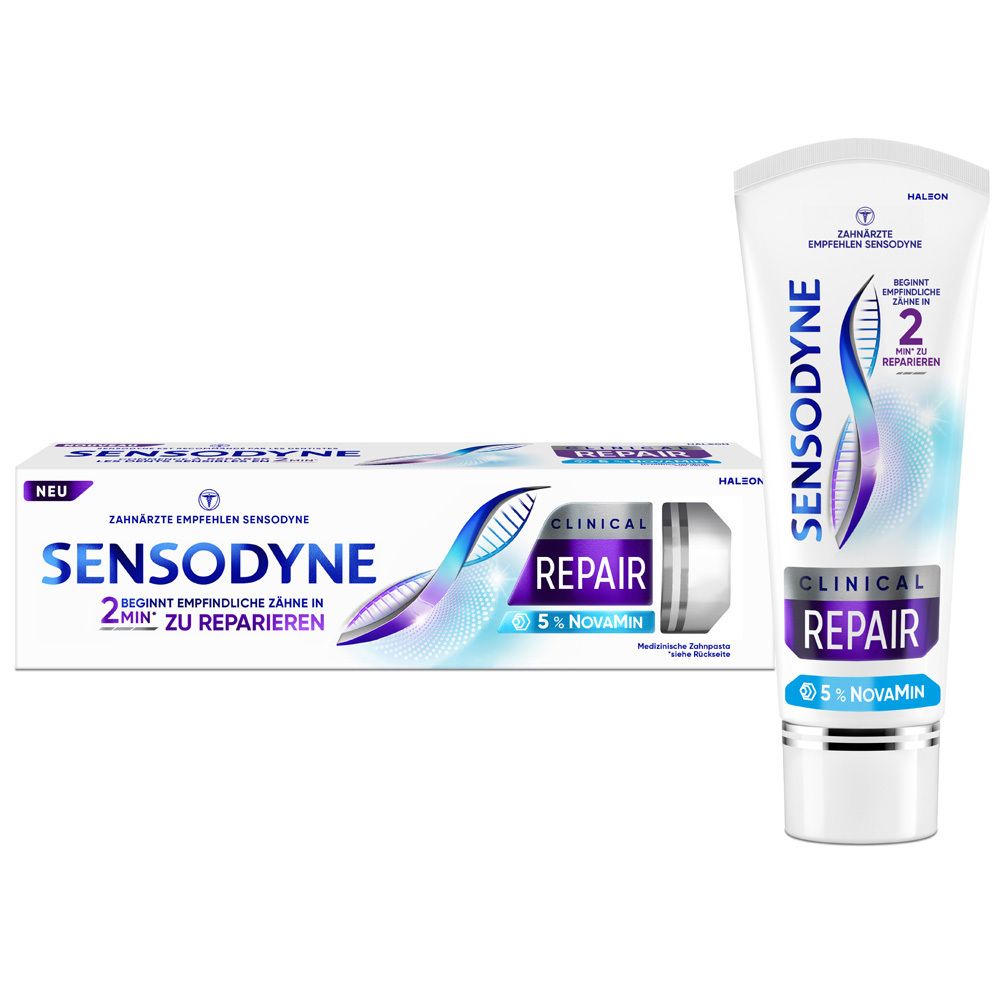 Zahnpasta-Tube und -Verpackung. Sensodyne Clinical Repair, 5% NovaMin. Tube und Schachtel nebeneinander.