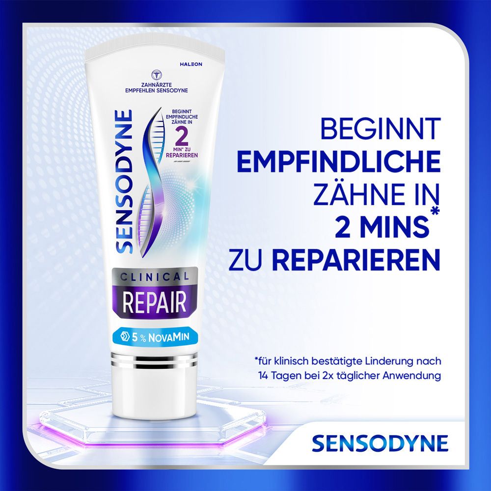 Zahnpasta-Tube Sensodyne Clinical Repair, 5% NovaMin. Blaue und lila Elemente. Text: Beginnt empfindliche Zähne in 2 Min. zu reparieren.
