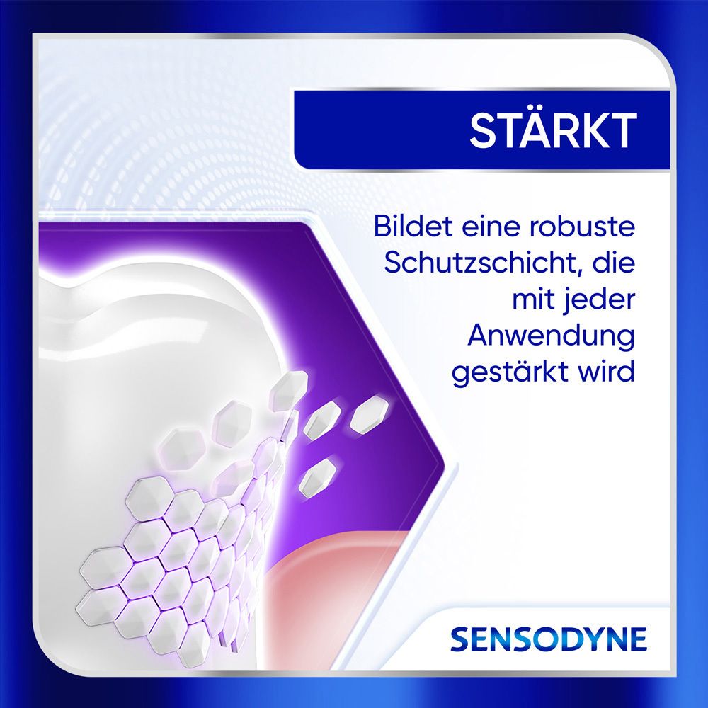 Zahnmodell. Text: Bildet eine robuste Schutzschicht, die mit jeder Anwendung gestärkt wird. Sensodyne.