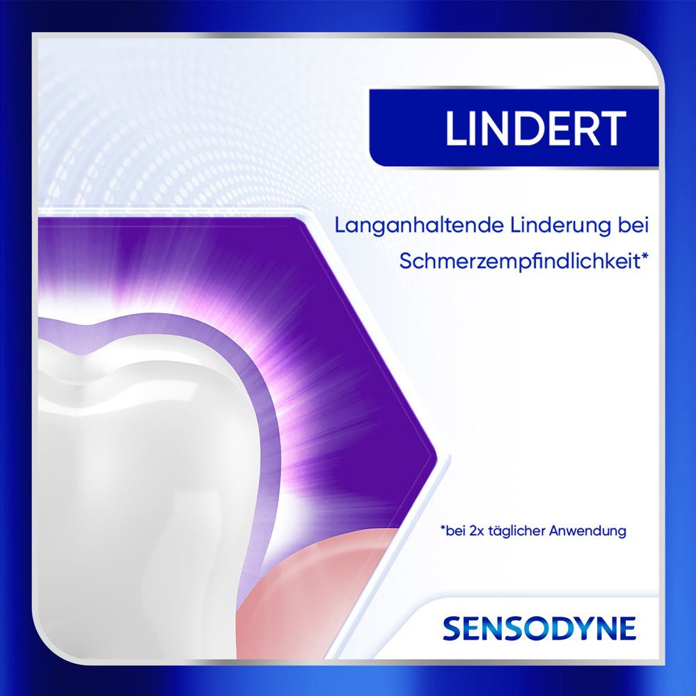 Zahnmodell. Text: Langanhaltende Linderung bei Schmerzempfindlichkeit. Sensodyne.