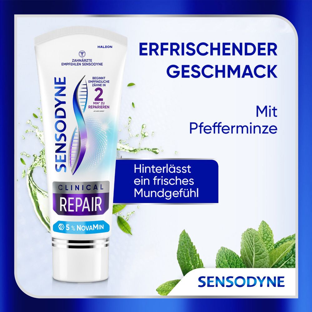 Zahnpasta-Tube Sensodyne Clinical Repair. Text: Erfrischender Geschmack mit Pfefferminze. Frisches Mundgefühl.