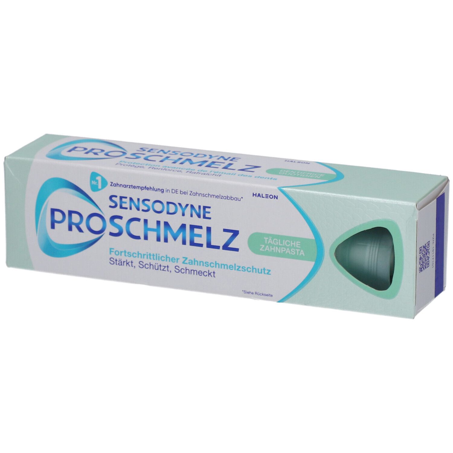 Zahnpasta-Schachtel. Marke: SENSODYNE PROSCHMELZ. Türkis-weißes Design. Aufschrift: Tägliche Zahnpasta. Sichtbar: Produktabbildung.