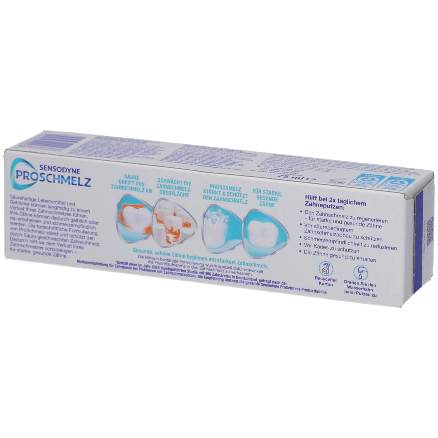 Zahnpasta-Schachtel. Marke: SENSODYNE PROSCHMELZ. Rückseite mit Produktinformationen und Illustrationen. Text in Deutsch.