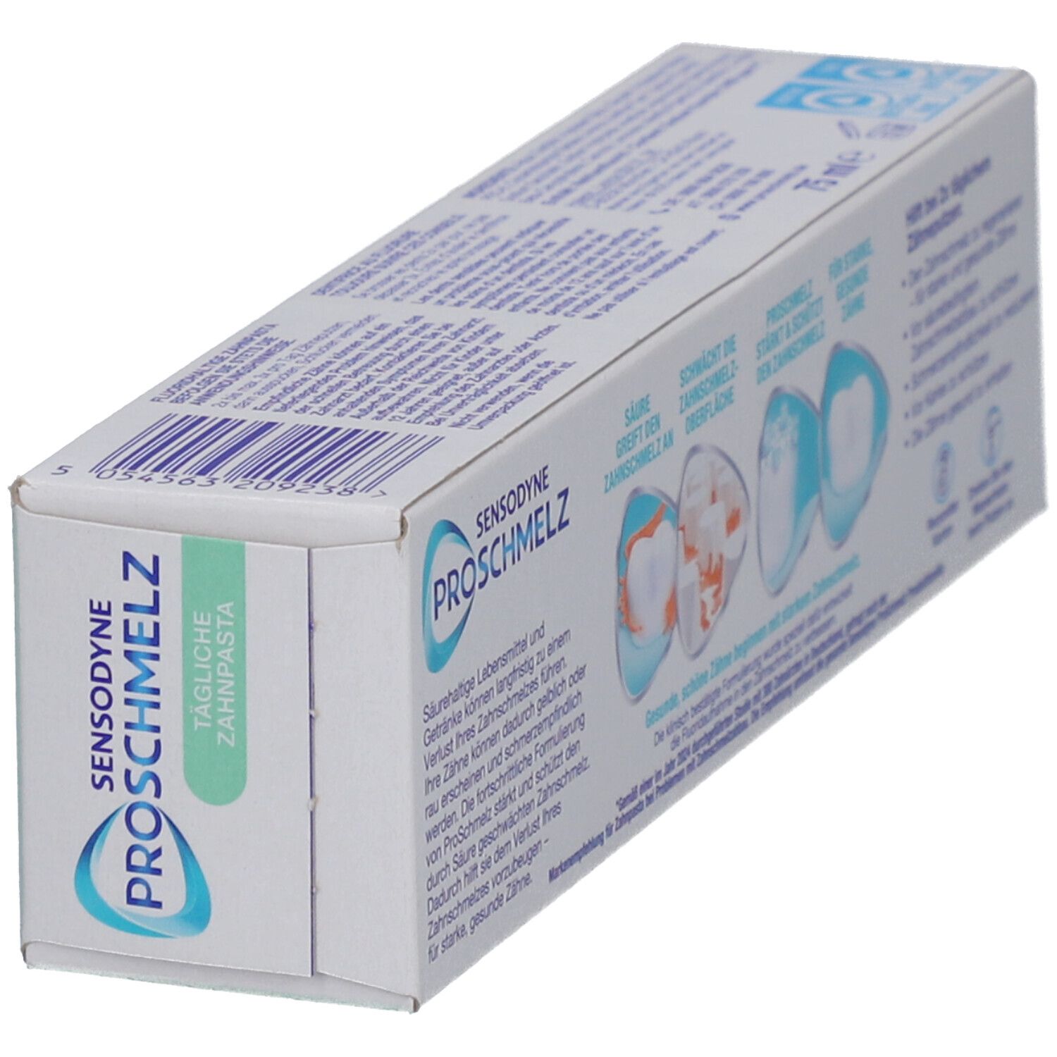 Zahnpasta-Schachtel. Marke: SENSODYNE PROSCHMELZ. Rückseite mit Produktinformationen und Illustrationen. Schachtel schräg.