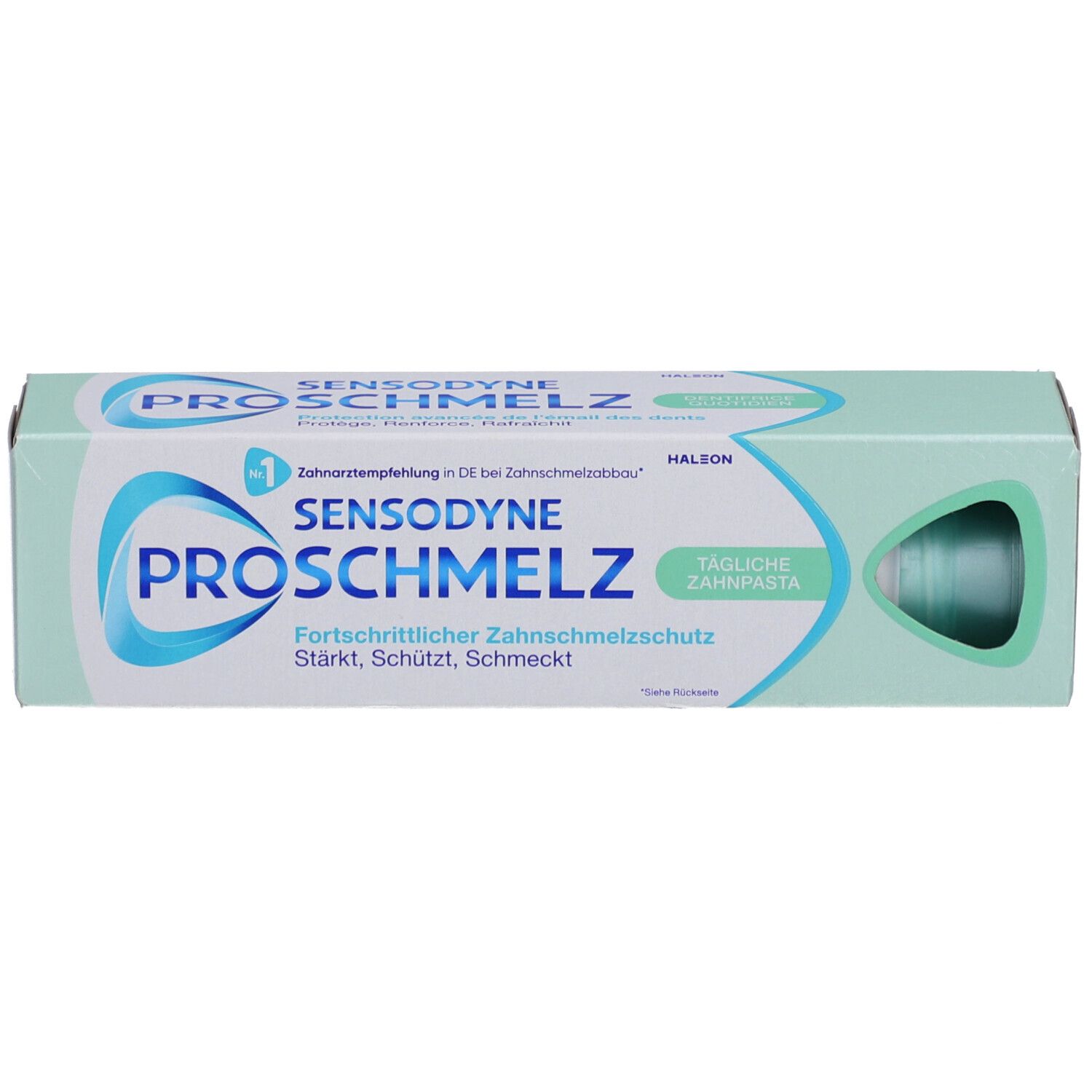 Zahnpasta-Schachtel. Marke: SENSODYNE PROSCHMELZ. Türkis-weißes Design. Aufschrift: Tägliche Zahnpasta. Ansicht von oben.