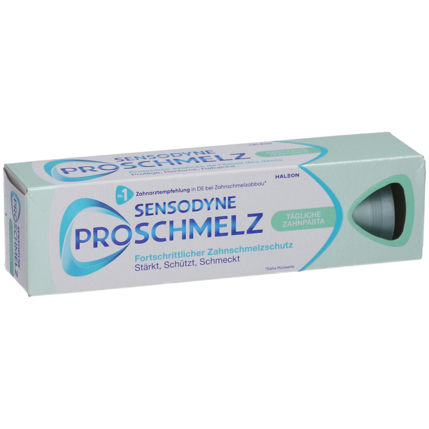 Zahnpasta-Schachtel. Marke: SENSODYNE PROSCHMELZ. Türkis-weißes Design. Aufschrift: Tägliche Zahnpasta. Ansicht von oben.