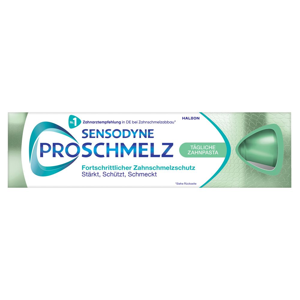 Zahnpasta-Tube. Sensodyne ProSchmelz. Tägliche Zahnpasta. Grün-weiß.