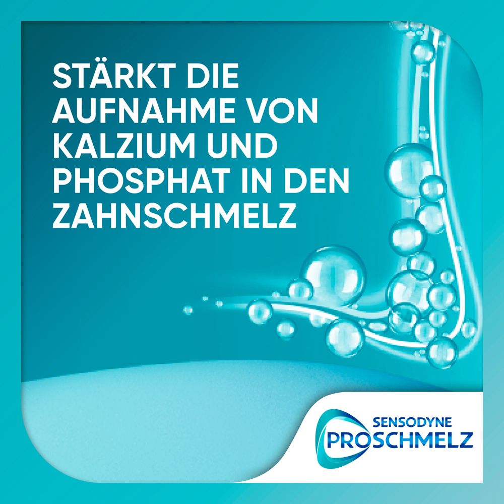 Text: Stärkt die Aufnahme von Kalzium und Phosphat in den Zahnschmelz. Sensodyne ProSchmelz.