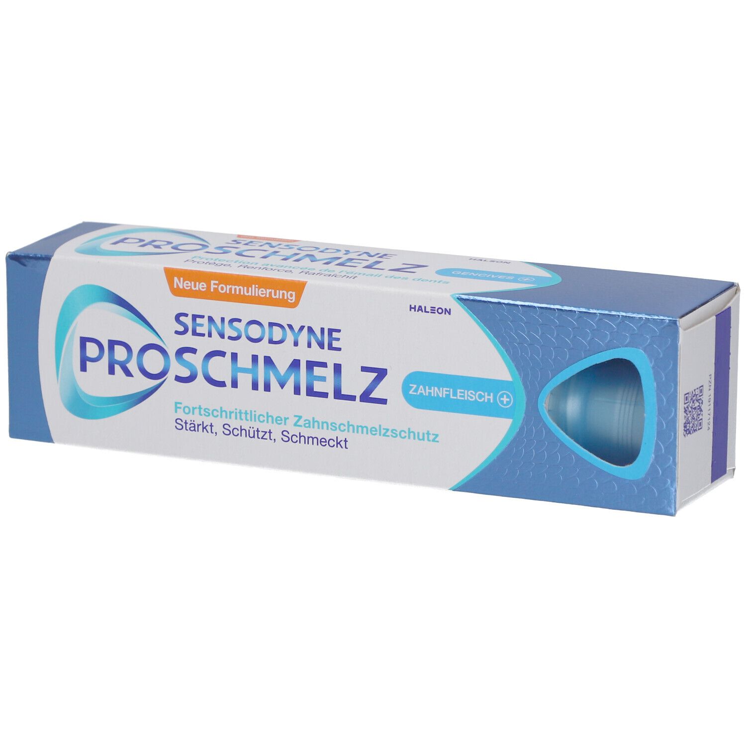 Zahnpasta-Schachtel. Sensodyne ProSchmelz, blaue und weiße Verpackung. Sichtbares Produkt durch ein Fenster.