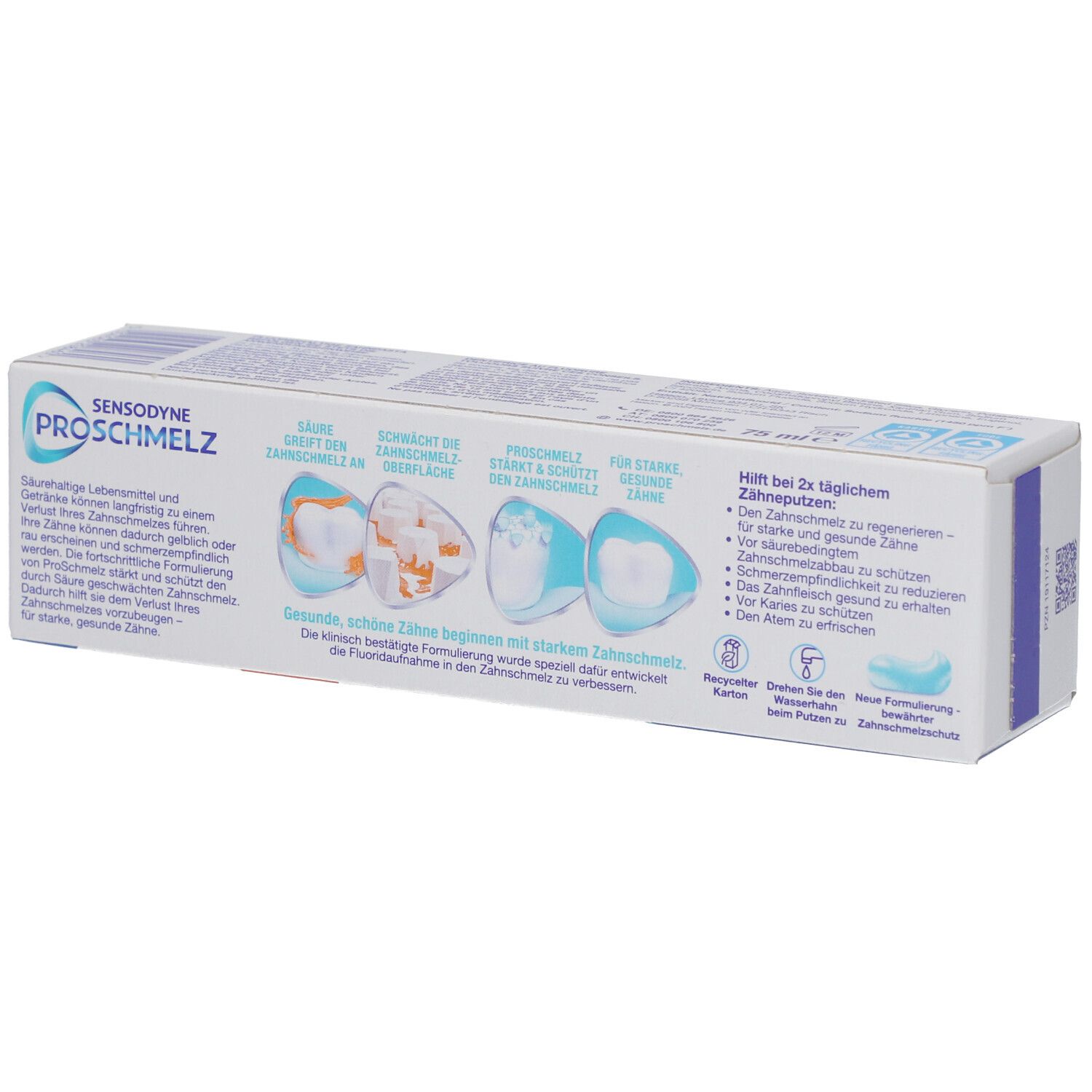 Rückseite der Zahnpasta-Schachtel. Sensodyne ProSchmelz. Text und Illustrationen zu Zahnpflege.