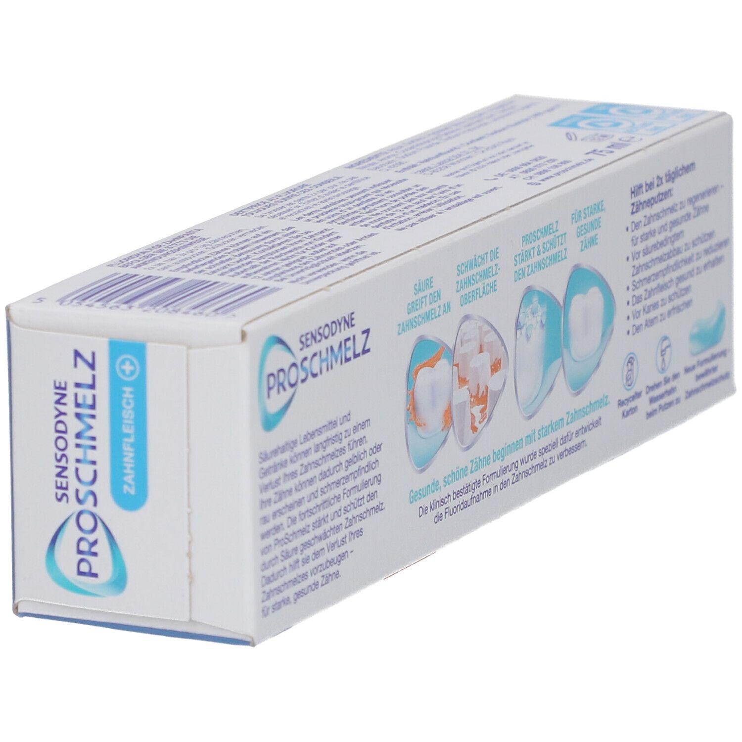 Zahnpasta-Schachtel. Sensodyne ProSchmelz, blaue und weiße Verpackung. Ansicht von der Seite.