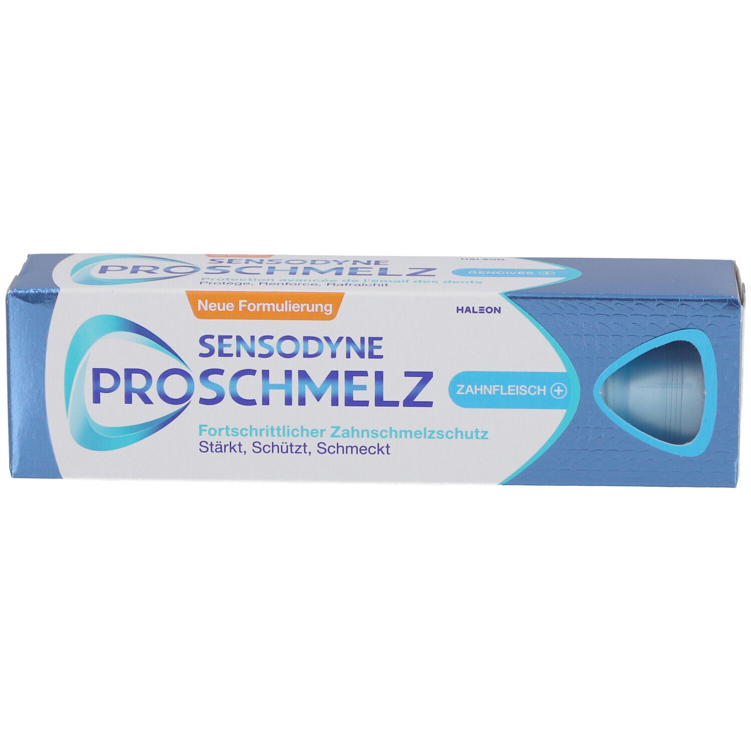 Zahnpasta-Schachtel. Sensodyne ProSchmelz, blaue und weiße Verpackung. Ansicht von oben.
