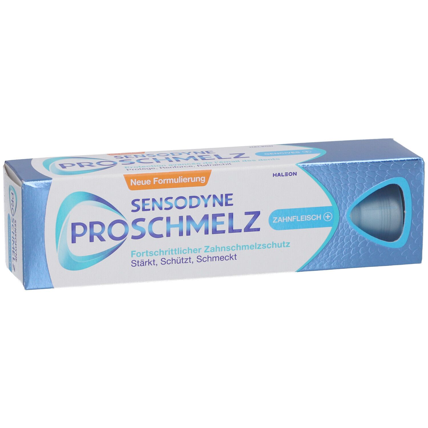 Zahnpasta-Schachtel. Sensodyne ProSchmelz, blaue und weiße Verpackung. Ansicht von oben.
