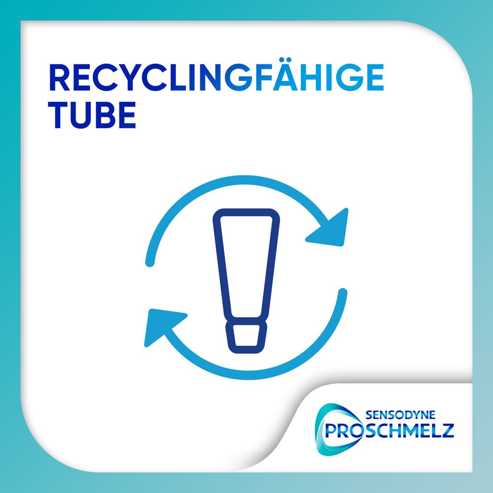 Blauer Hintergrund mit Text: Recyclingfähige Tube. Pfeile um eine Tube.