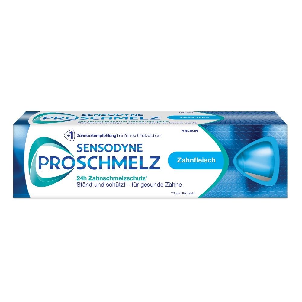 Sensodyne ProSchmelz Zahnpasta-Tube mit Fokus auf Zahnschmelzschutz.