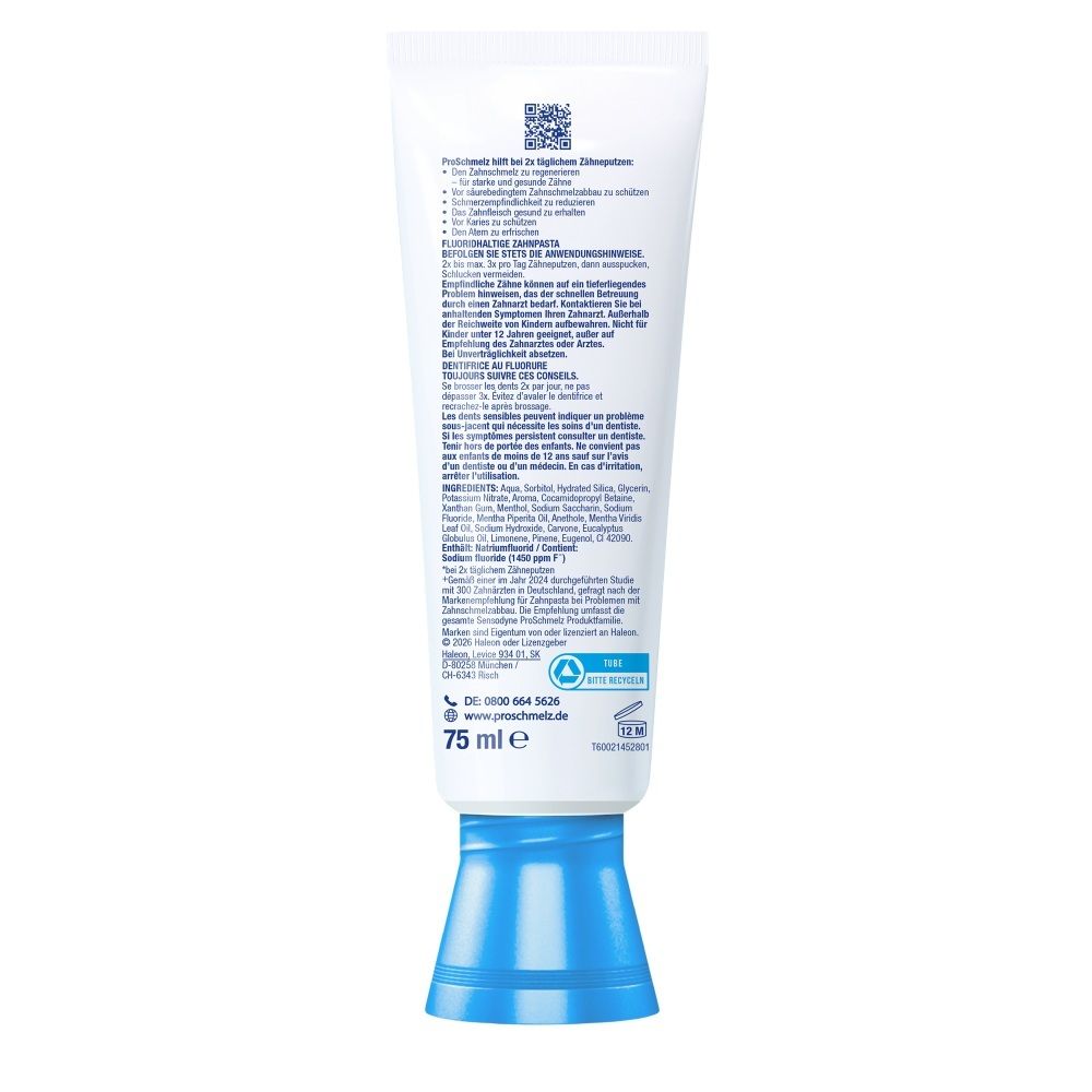 Zahnpastatube mit 75 ml Inhalt und blauer Kappe. Rückseite mit Produktinformationen und Siegeln.