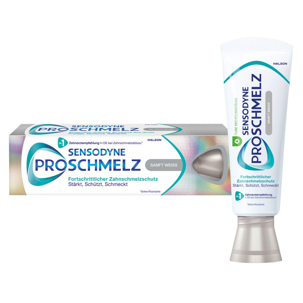 Zahnpasta Sensodyne ProSchmelz sanft weiß. Tube und Schachtel. Aufdrucke: ProSchmelz, sanft weiß, Halbon.