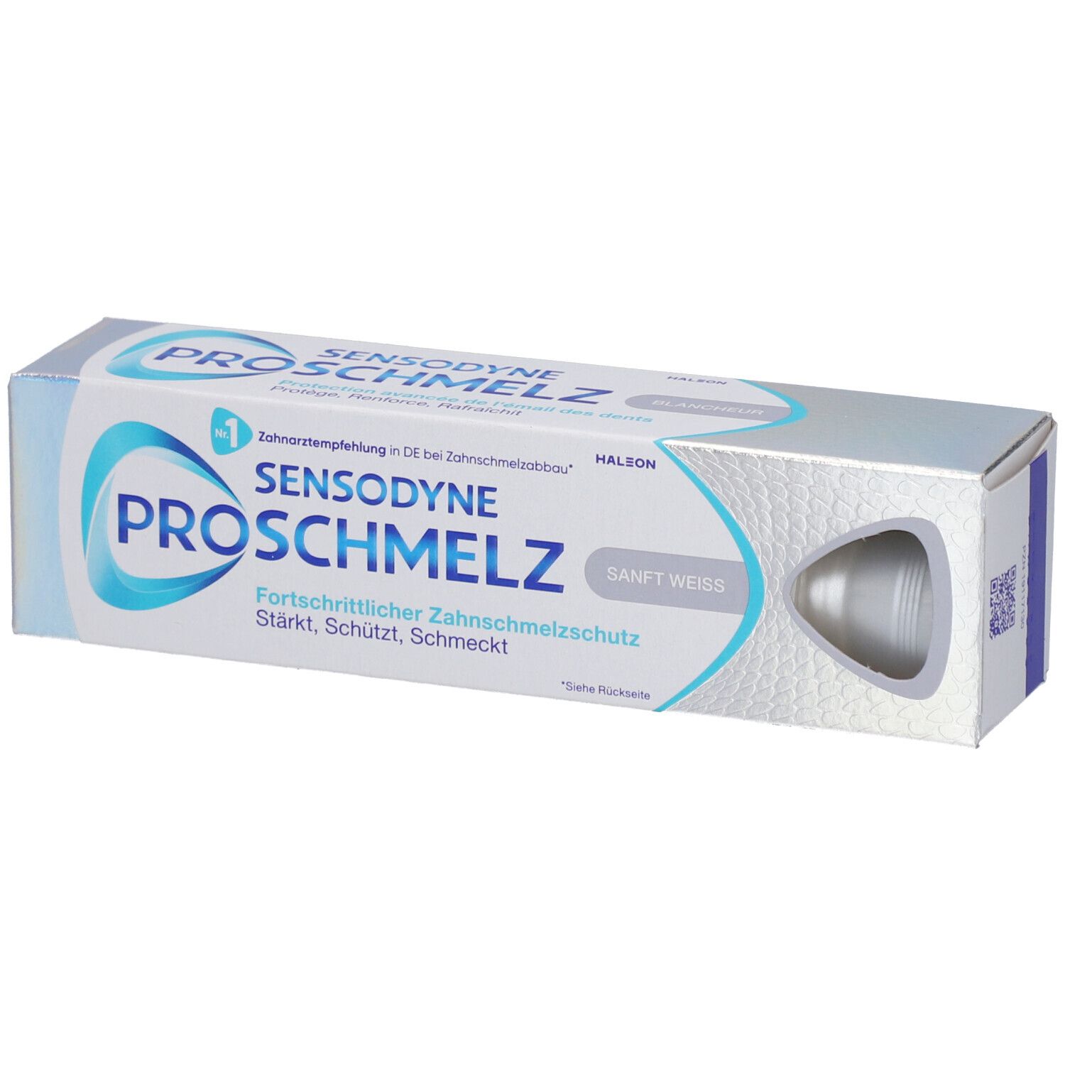 Zahnpasta-Verpackung. Sensodyne ProSchmelz, sanft weiß. Karton mit Produktabbildung und Text.