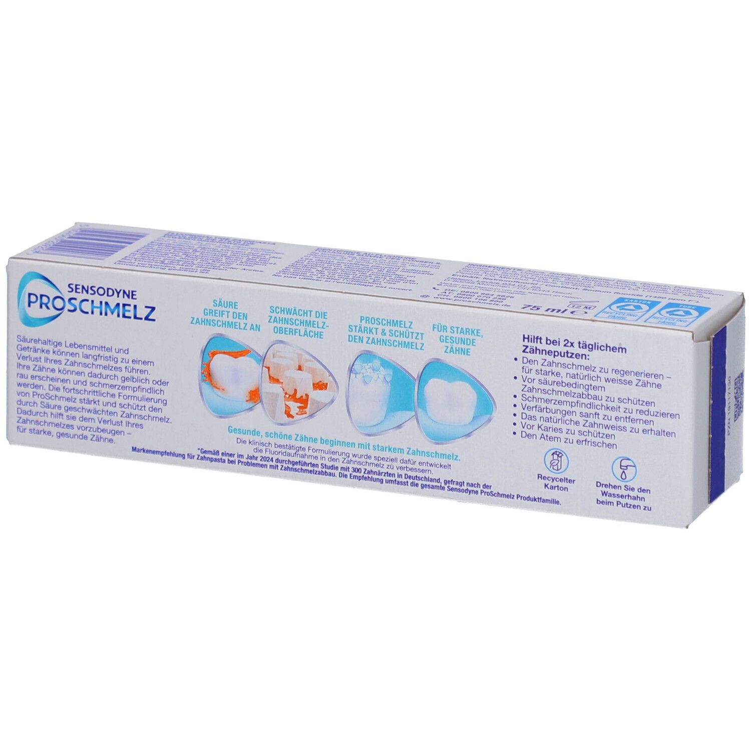 Rückseite der Zahnpasta-Verpackung. Sensodyne ProSchmelz. Text und Illustrationen zu den Produkteigenschaften.