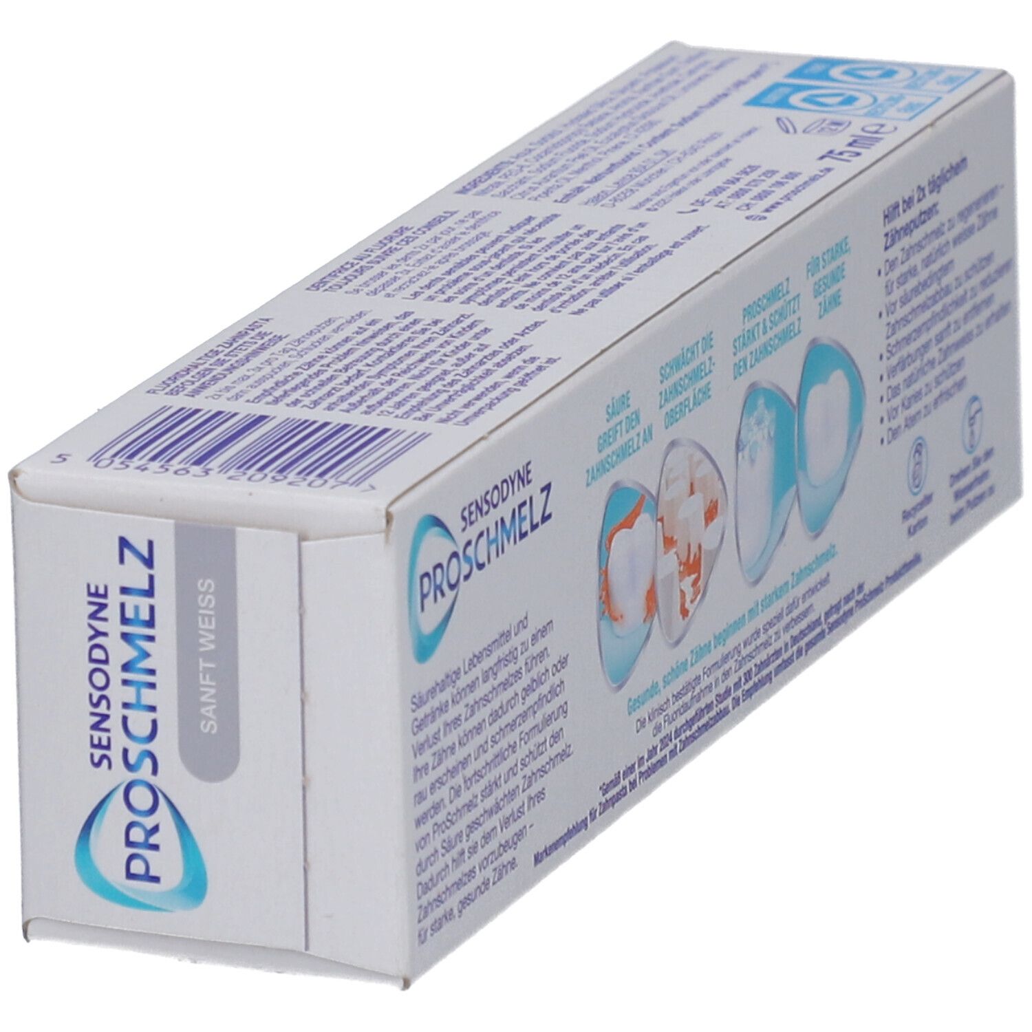 Schräg gestellte Rückseite der Zahnpasta-Verpackung. Sensodyne ProSchmelz. Text und Illustrationen.