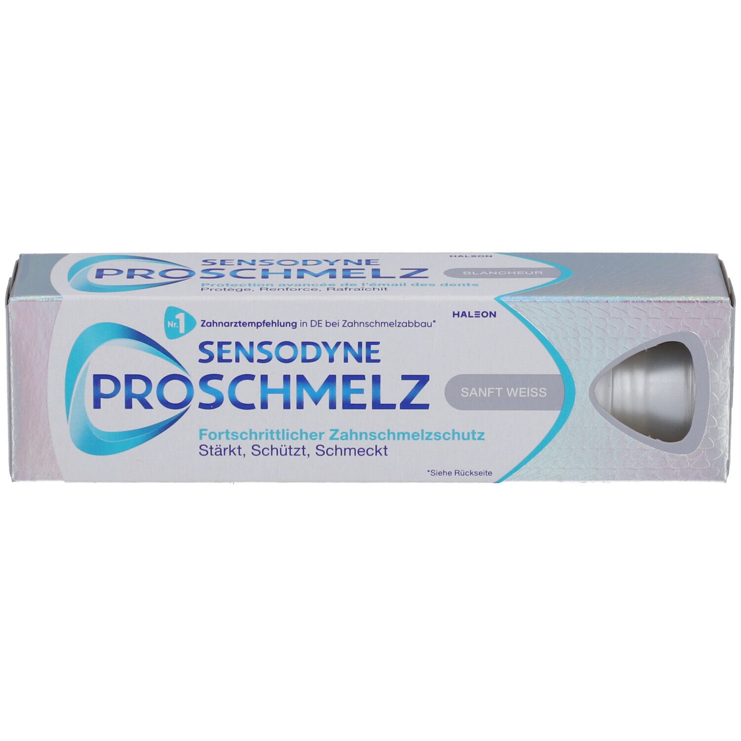 Zahnpasta-Verpackung. Sensodyne ProSchmelz, sanft weiß. Karton mit Produktabbildung und Text.