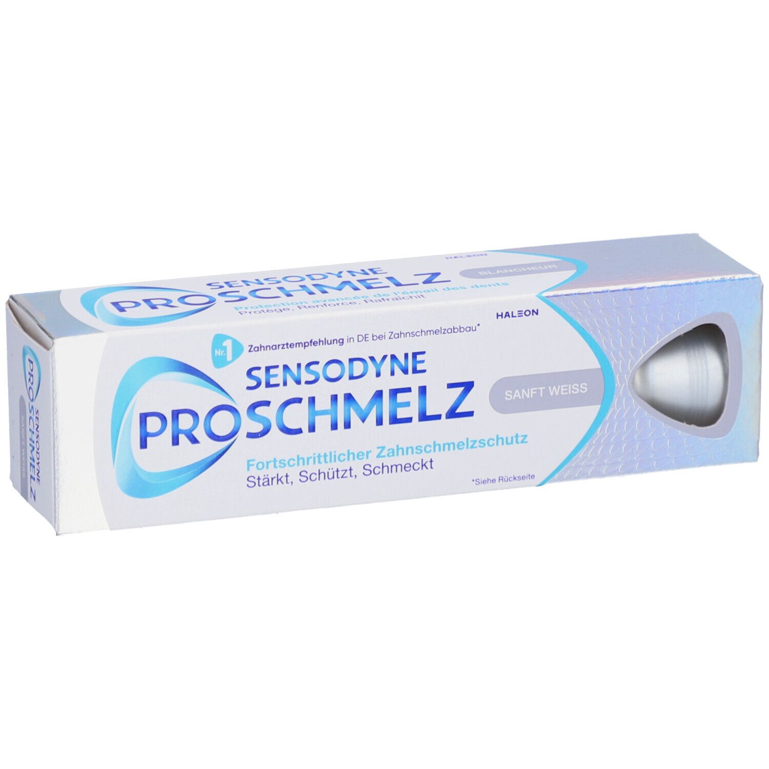 Zahnpasta-Verpackung. Sensodyne ProSchmelz, sanft weiß. Karton mit Produktabbildung und Text.