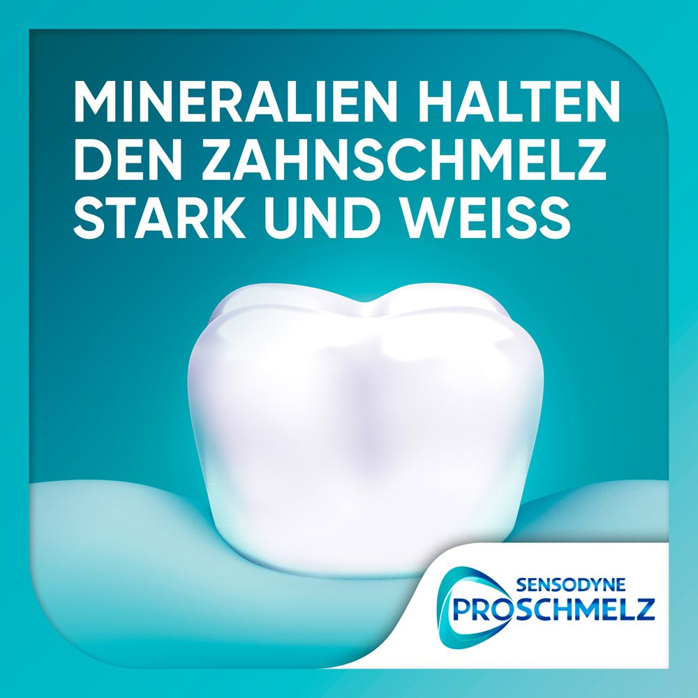 Zahn auf blauem Hintergrund. Text: Mineralien halten den Zahnschmelz stark und weiß. Logo ProSchmelz.