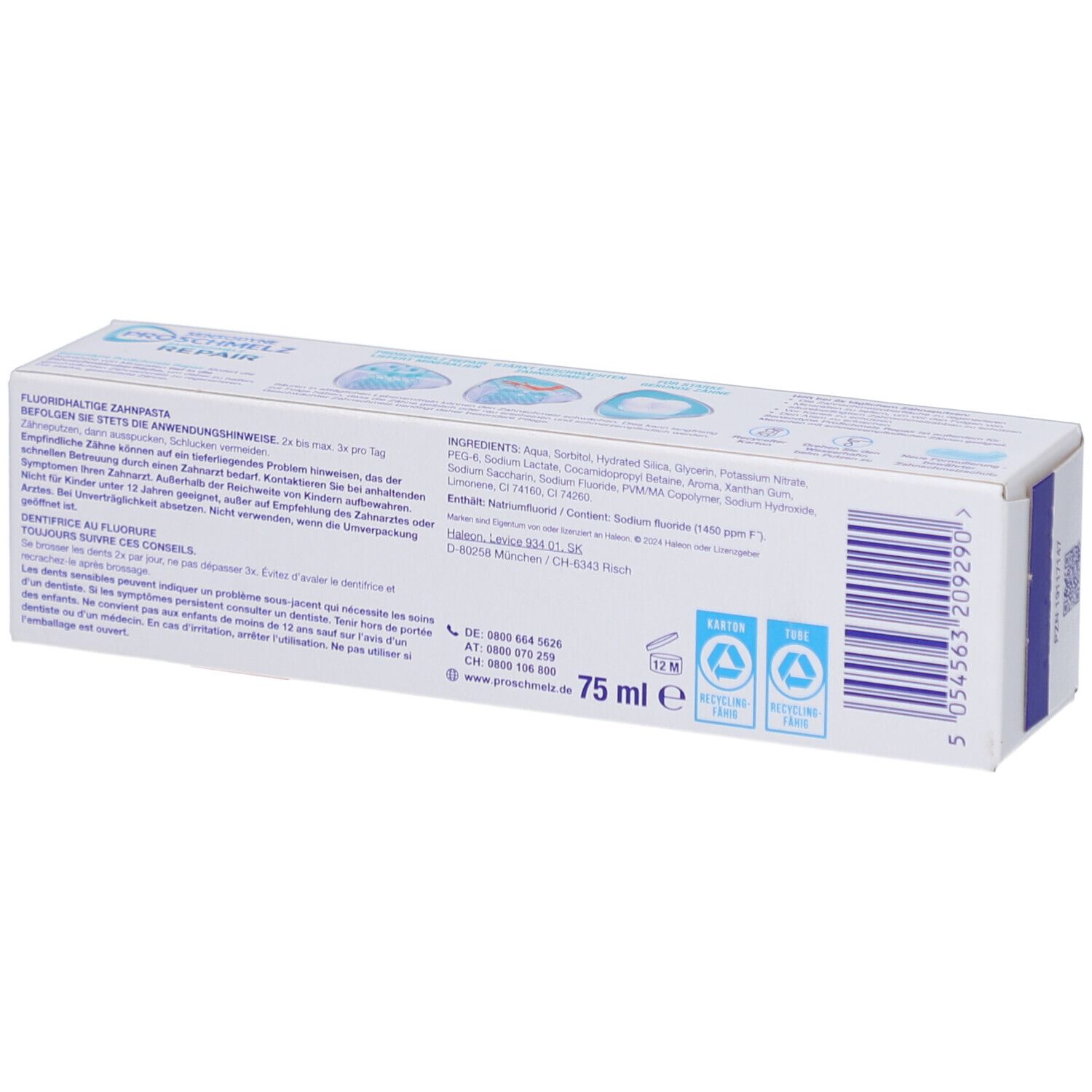 Rückseite der Zahnpasta-Verpackung. Text in Deutsch und Französisch. Inhaltsstoffe, Kontaktinformationen, Recycling-Symbole.