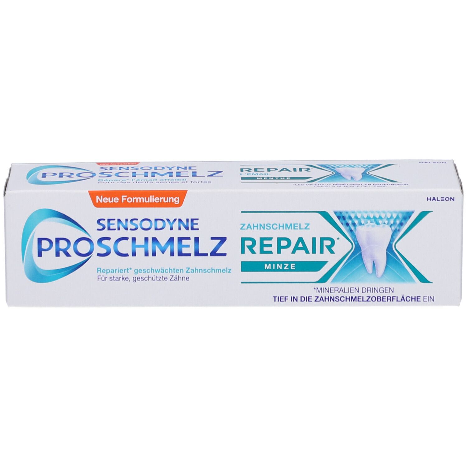Zahnpasta-Verpackung. Sensodyne ProSchmelz Repair, Minze. Weiße Schachtel mit blauen und orangenen Akzenten. Text.