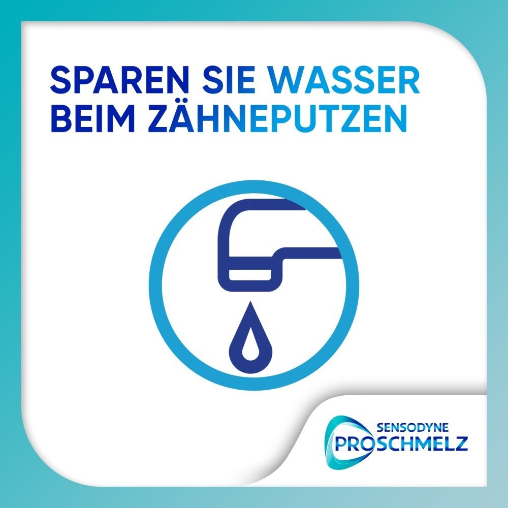 Symbol eines Wasserhahns mit Tropfen. Text: Sparen Sie Wasser beim Zähneputzen. Sensodyne ProSchmelz Logo.