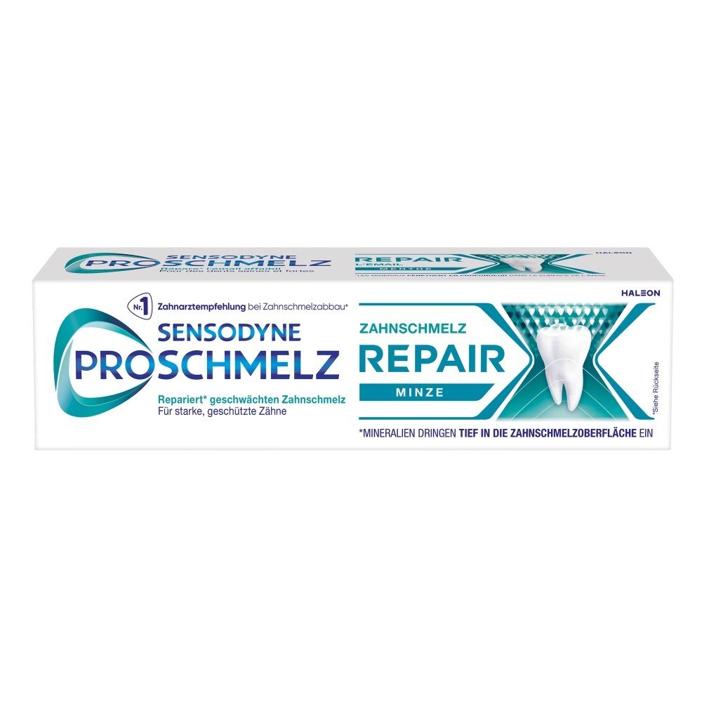 Sensodyne ProSchmelz Repair Zahnschmelz Minze Zahnpasta in weißer und türkiser Verpackung mit Zahnsymbol.