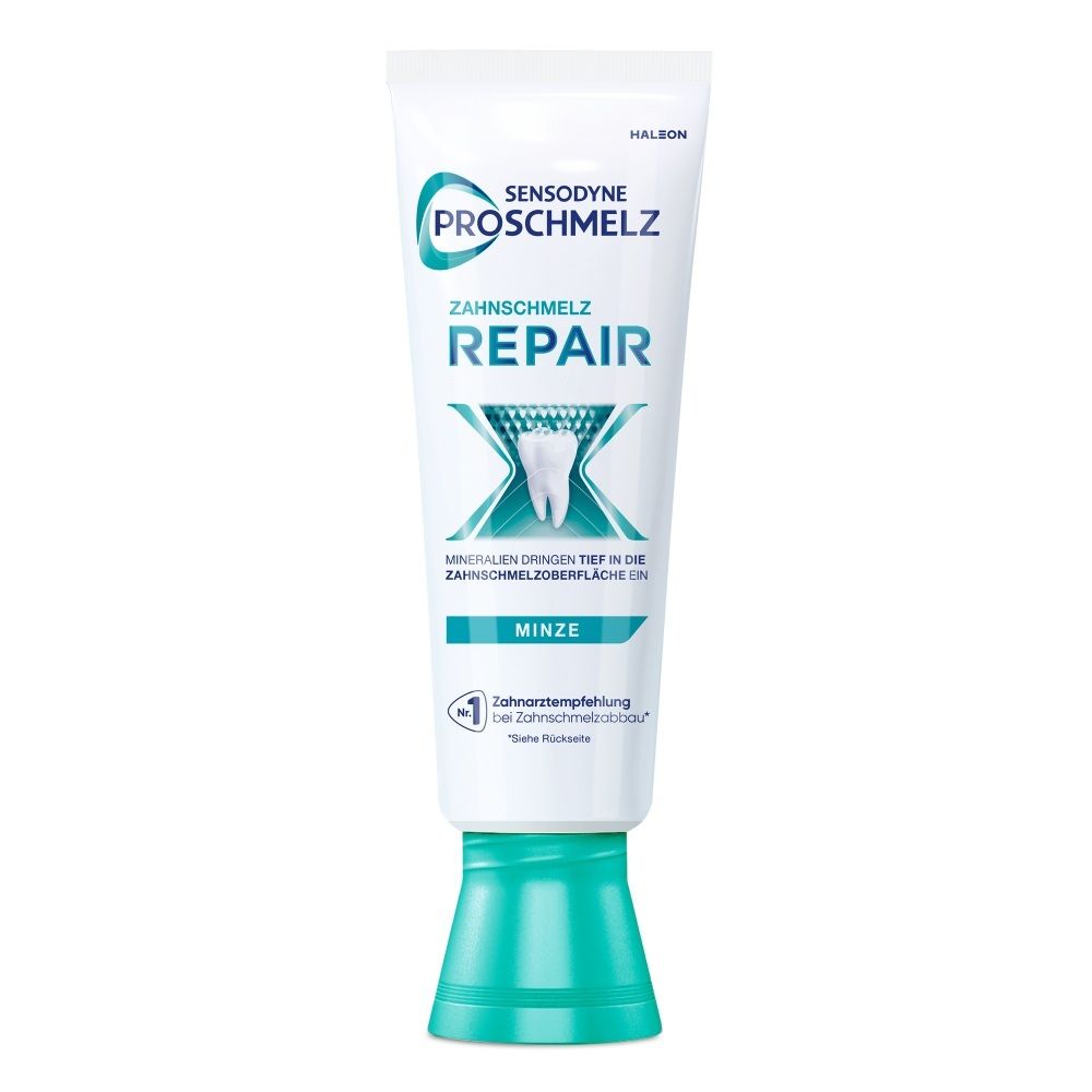 Sensodyne ProSchmelz Zahnschmelz Repair Zahnpasta in weißer Tube mit türkisfarbenem Verschluss. Mint-Geschmack.