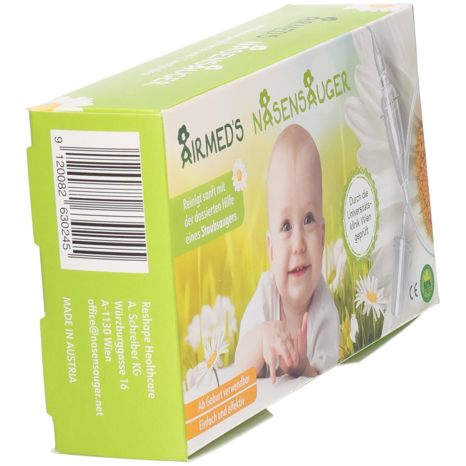 Seitenansicht der Airmed's Nasensauger Verpackung mit Barcode und Herstellungsland.