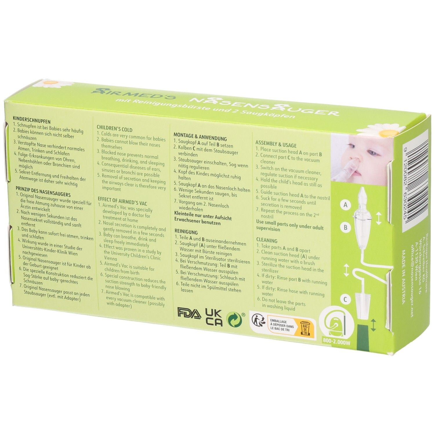 Rückseite der Airmed's Nasensauger Verpackung mit Anwendungshinweisen und Siegeln.