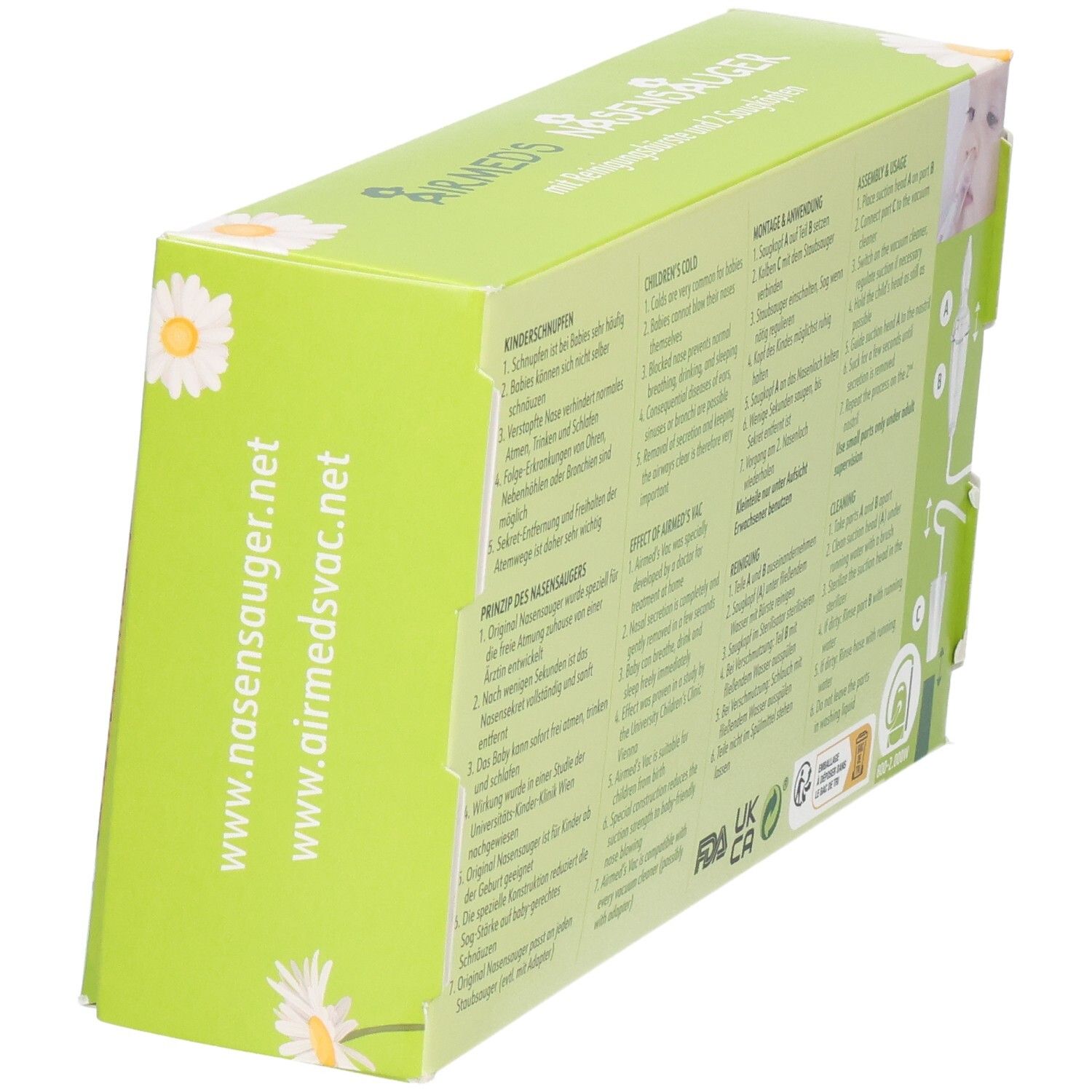 Seitenansicht der Airmed's Nasensauger Verpackung mit Website-Angaben.