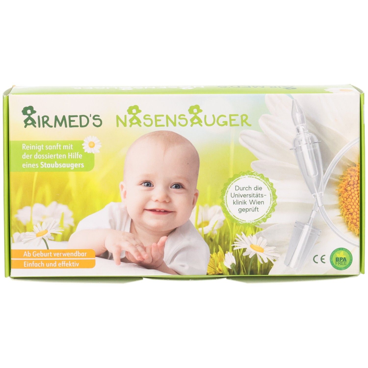 Verpackung Airmed's Nasensauger mit Babybild und Saugrohr. Mit CE und BPA Siegel.