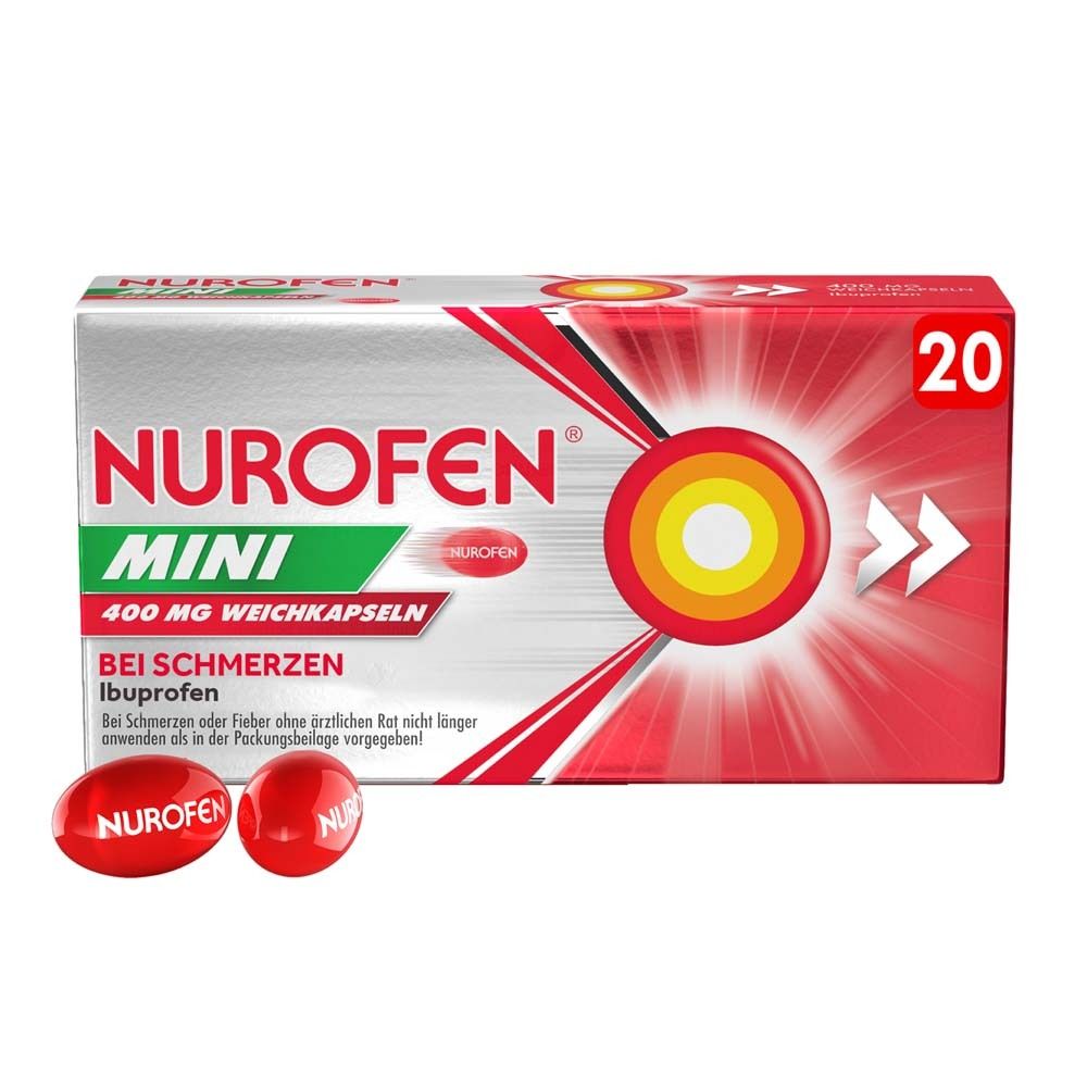 Schachtel mit Nurofen Mini Weichkapseln. Rote und weiße Verpackung mit Produktnamen, Dosierung und 20 Kapseln.