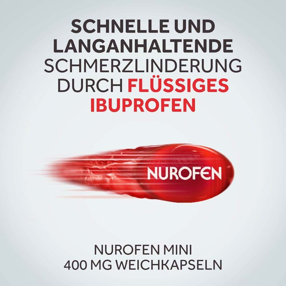 Rote Nurofen-Kapsel mit Text. Text: Schnelle und langanhaltende Schmerzlinderung durch flüssiges Ibuprofen.