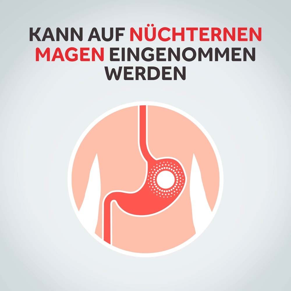 Grafik eines Magens. Text: Kann auf nüchternen Magen eingenommen werden.