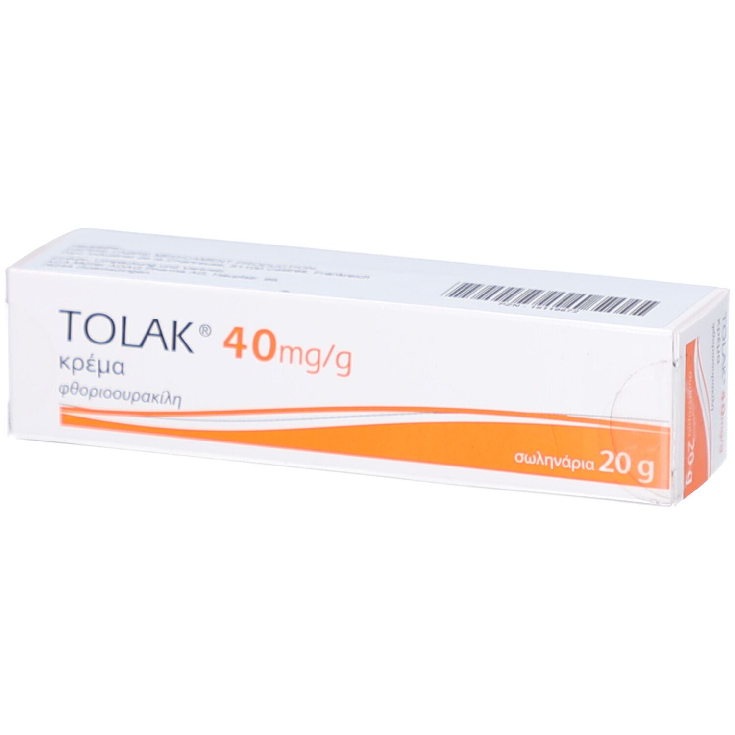 Weiße Faltschachtel mit orangefarbenem Streifen. Aufdruck: TOLAK 40mg/g, griechische Schriftzeichen, 20 g.