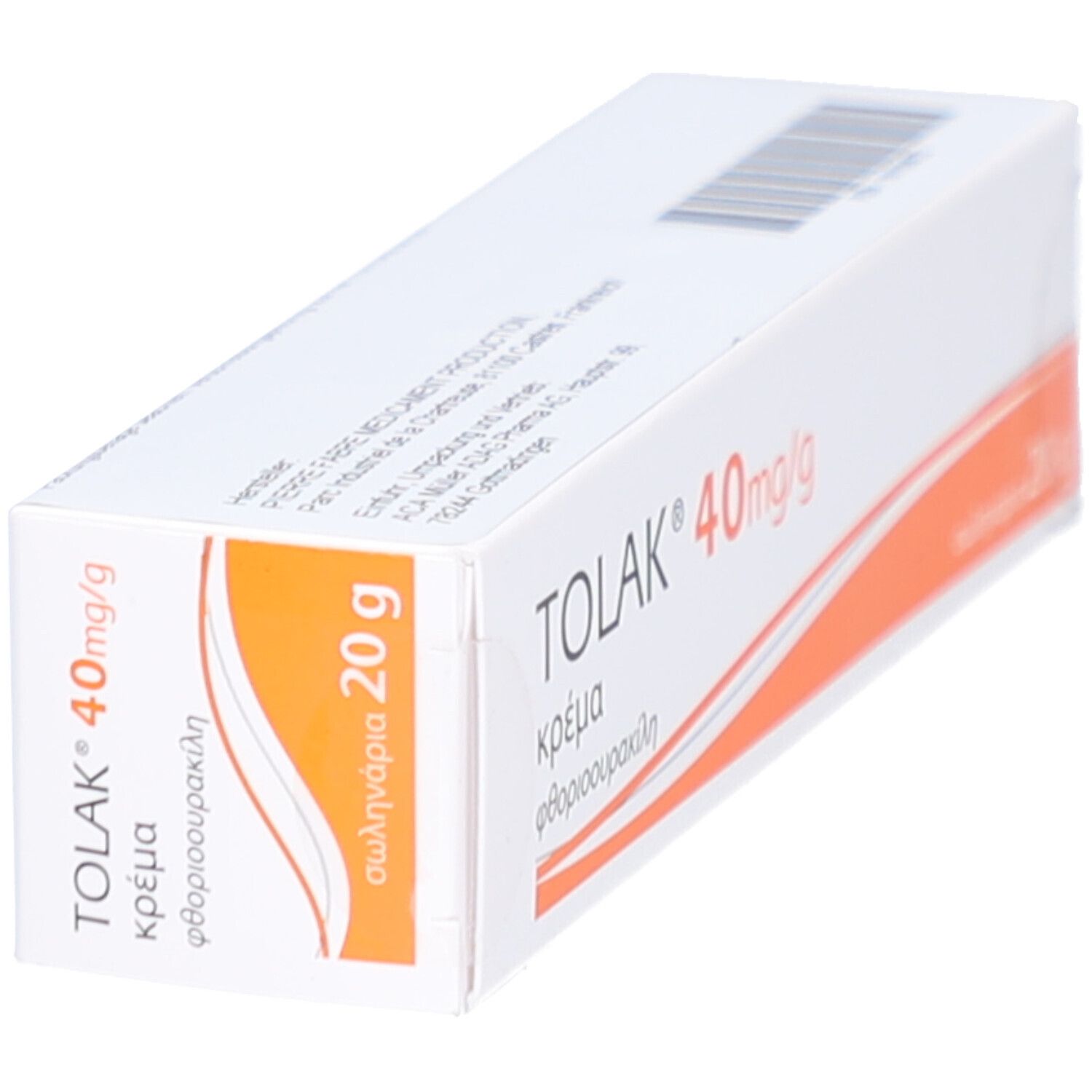 Schräg gestellte weiße Faltschachtel. Aufdruck: TOLAK 40mg/g, griechische Schriftzeichen, 20 g. Orangefarbener Streifen.