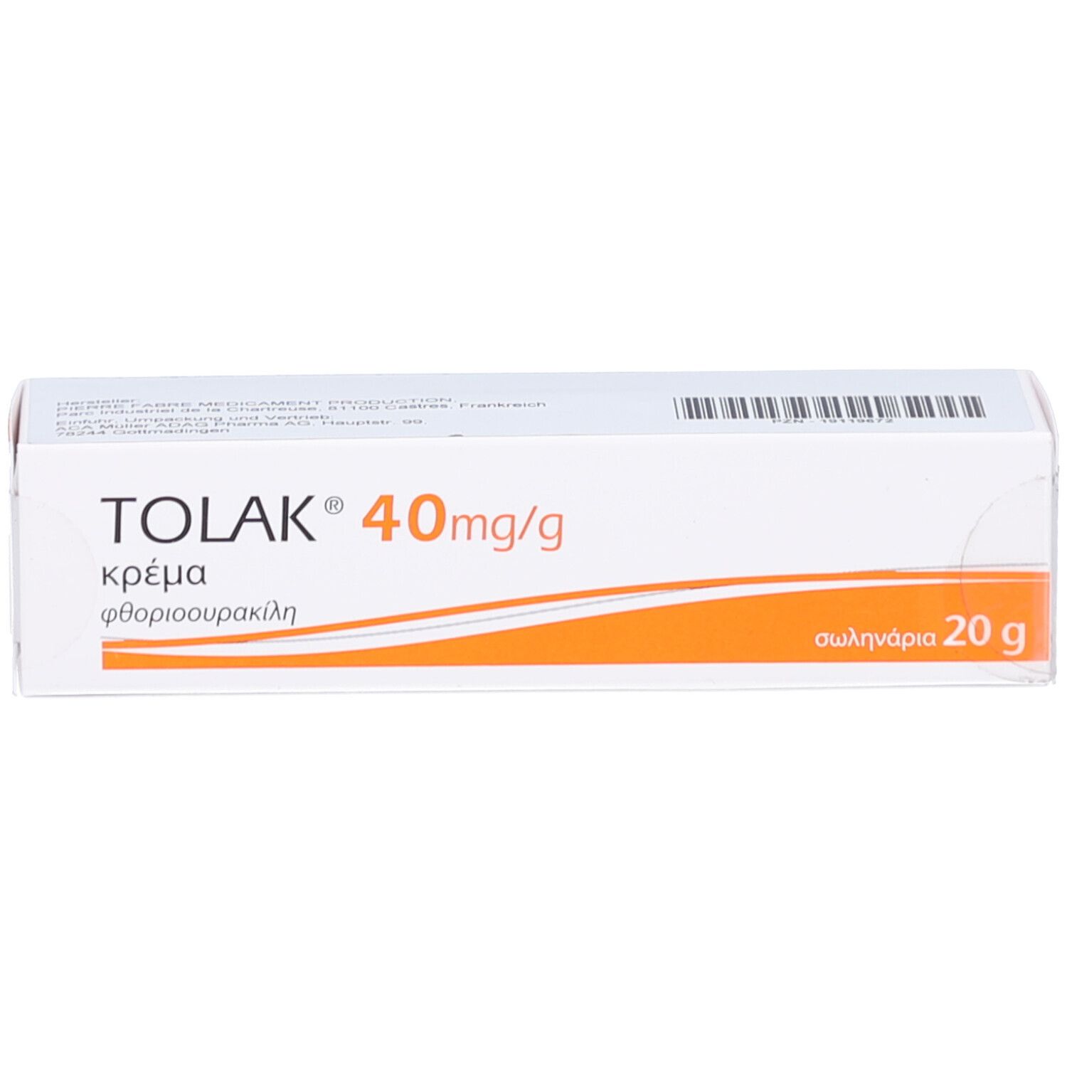 Weiße Faltschachtel mit orangefarbenem Streifen. Aufdruck: TOLAK 40mg/g, griechische Schriftzeichen, 20 g.