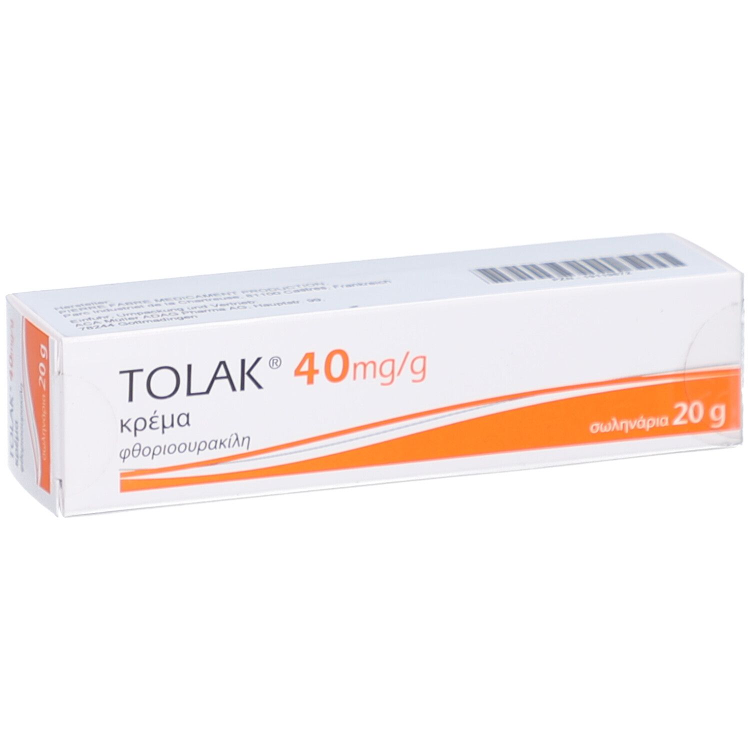 Weiße Faltschachtel. Aufdruck: TOLAK 40mg/g, griechische Schriftzeichen, 20 g. Orangefarbener Streifen.