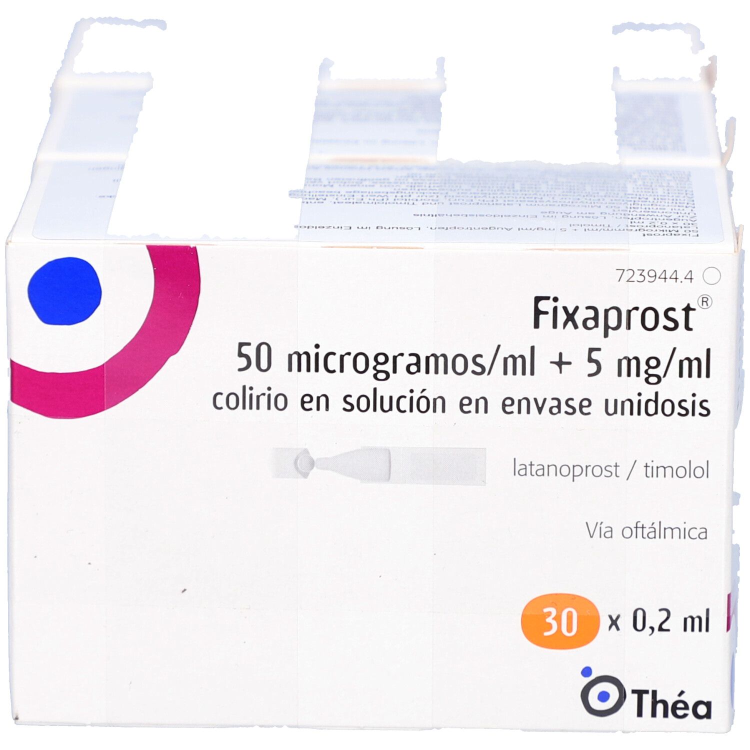Verpackung mit FIXAPROST Augentropfen. Enthält 30 Einzeldosisbehältnisse mit 0,2 ml. Produktinformationen und Logo von Thea.