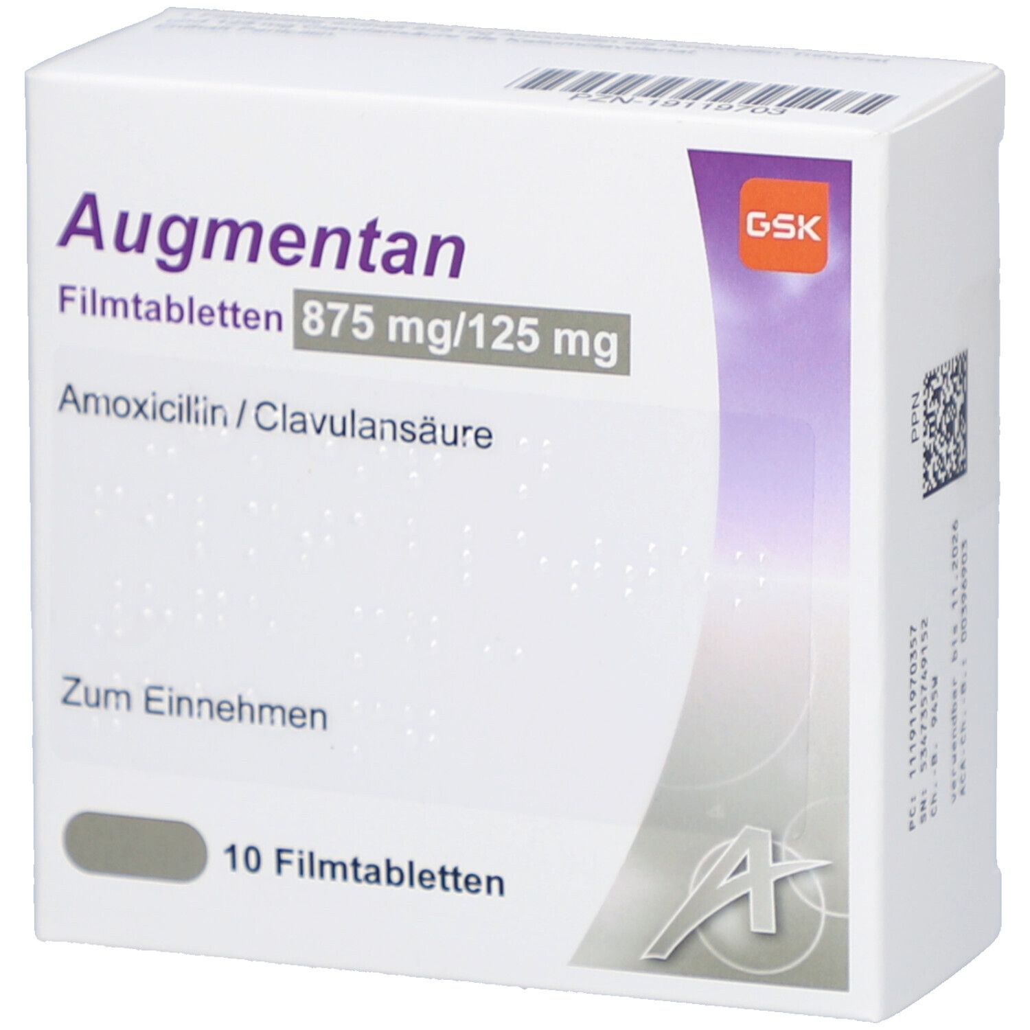 Weiße Schachtel mit "Augmentan"-Schriftzug. Enthält 10 Filmtabletten. Angaben zu Dosierung und Inhaltsstoffen. GSK-Logo.