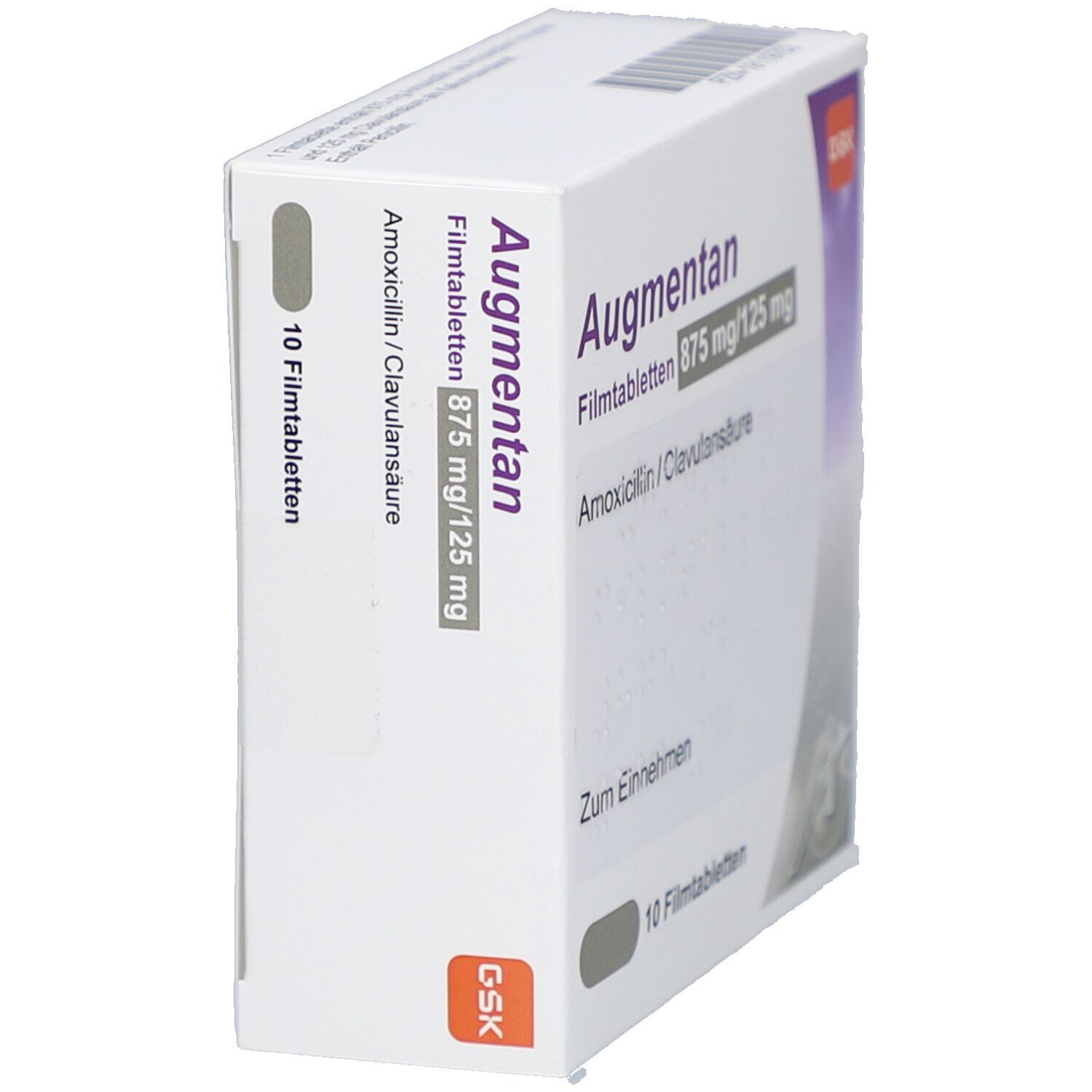 Weiße Schachtel, seitliche Ansicht. "Augmentan"-Schriftzug, Dosierungsangaben, 10 Filmtabletten. GSK-Logo. Grauer Streifen.