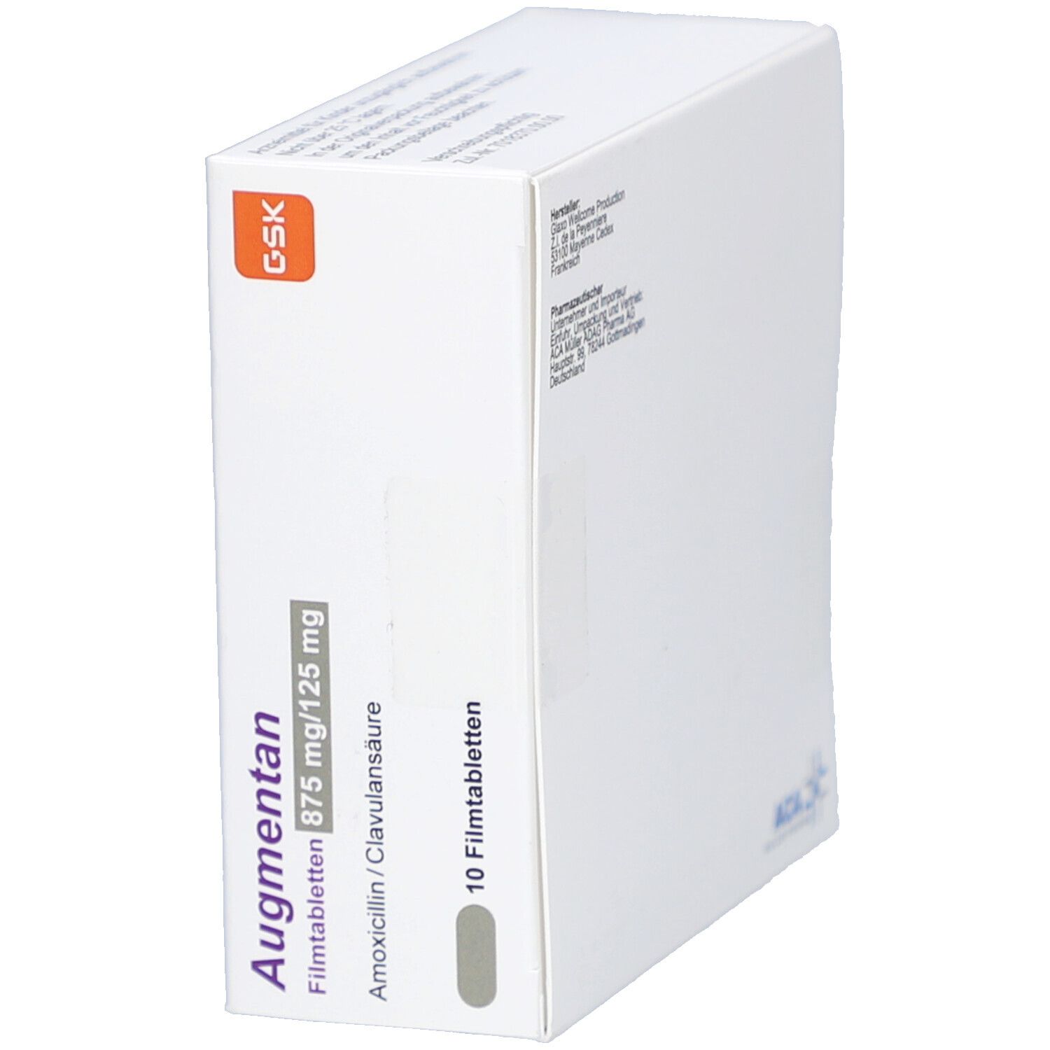 Weiße Schachtel, seitliche Ansicht. "Augmentan"-Schriftzug, Dosierungsangaben, 10 Filmtabletten. GSK-Logo.