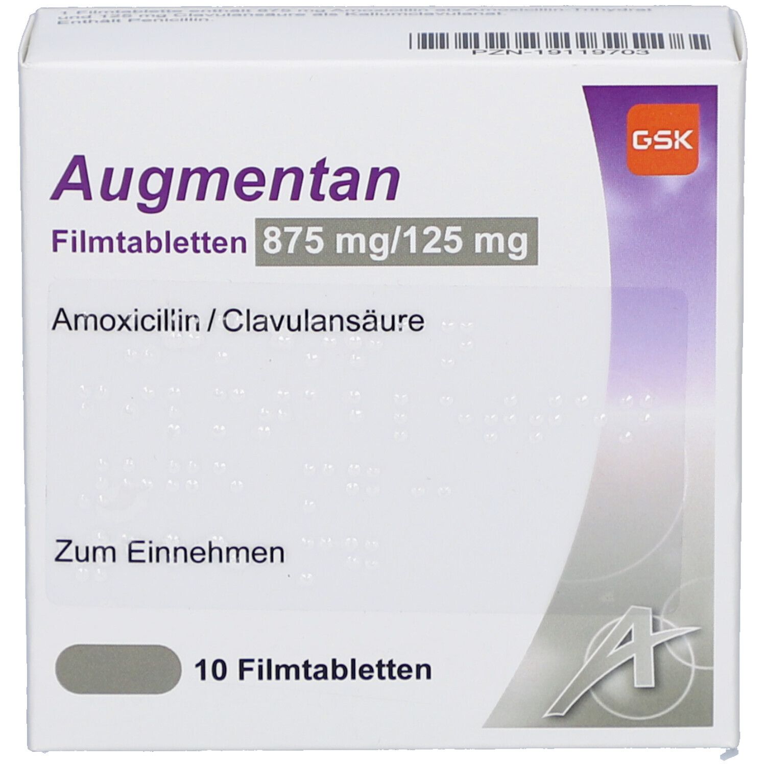Weiße Schachtel mit "Augmentan"-Schriftzug. Enthält 10 Filmtabletten. Angaben zu Dosierung und Inhaltsstoffen. GSK-Logo.